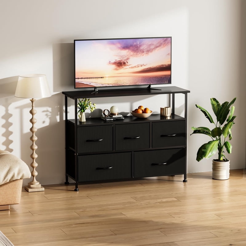 Simple Deluxe TV Stand Dresser for Bedroom Entertainment Center with 5 Fabric Drawers, Storage Organizers Units for Living Room, Media Console Table with Open Shelf up for 45" TV, Black, Black