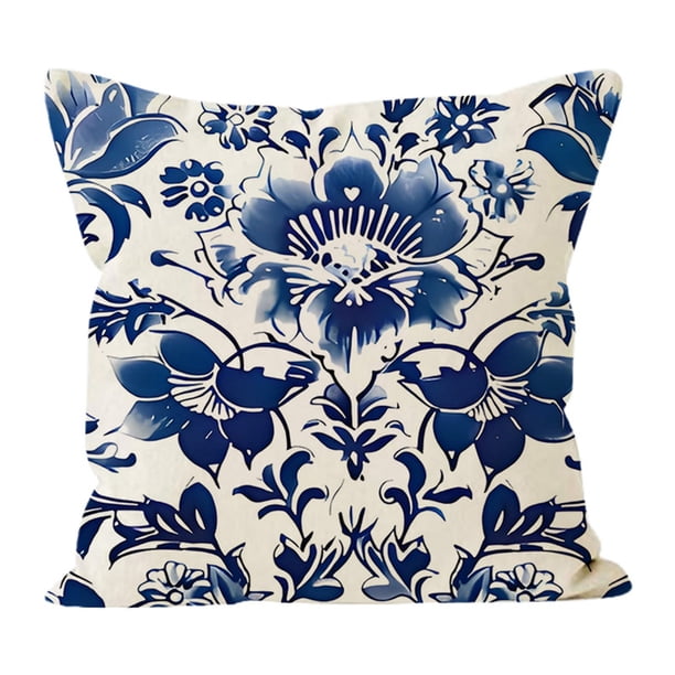 Cojín De Lino Azul Y Blanco Para Salón Y Dormitorio. Funda De Cojín Decorativa Con Diseño Clásico.