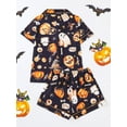 thumbnail image 5 of ATAIKU Halloween Silk Satin Pajama Set for Women 2 Piece Lounge Pjs Shorts Matching Ghost Pumpkin Sleepwear Button Down Shirt Shorts, 5 of 7