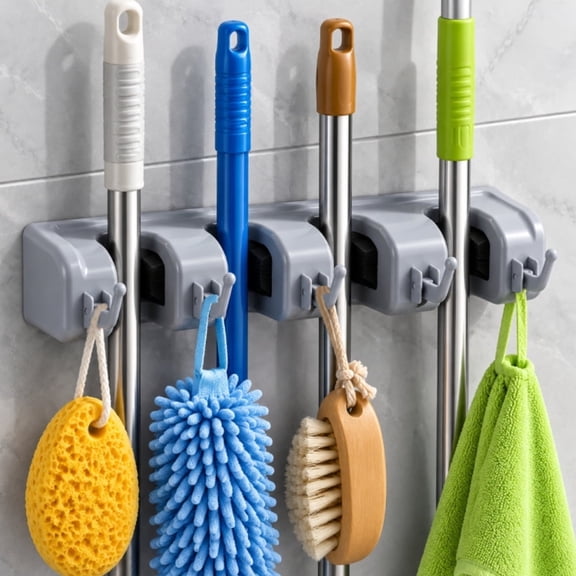 Mop and Broom Holder Wall Mount with 4 Positions and 5 Hooks, Heavy Duty Cleaning Supplies Organizer for Garden Kitchen Laundry Tool Storage(Gray)