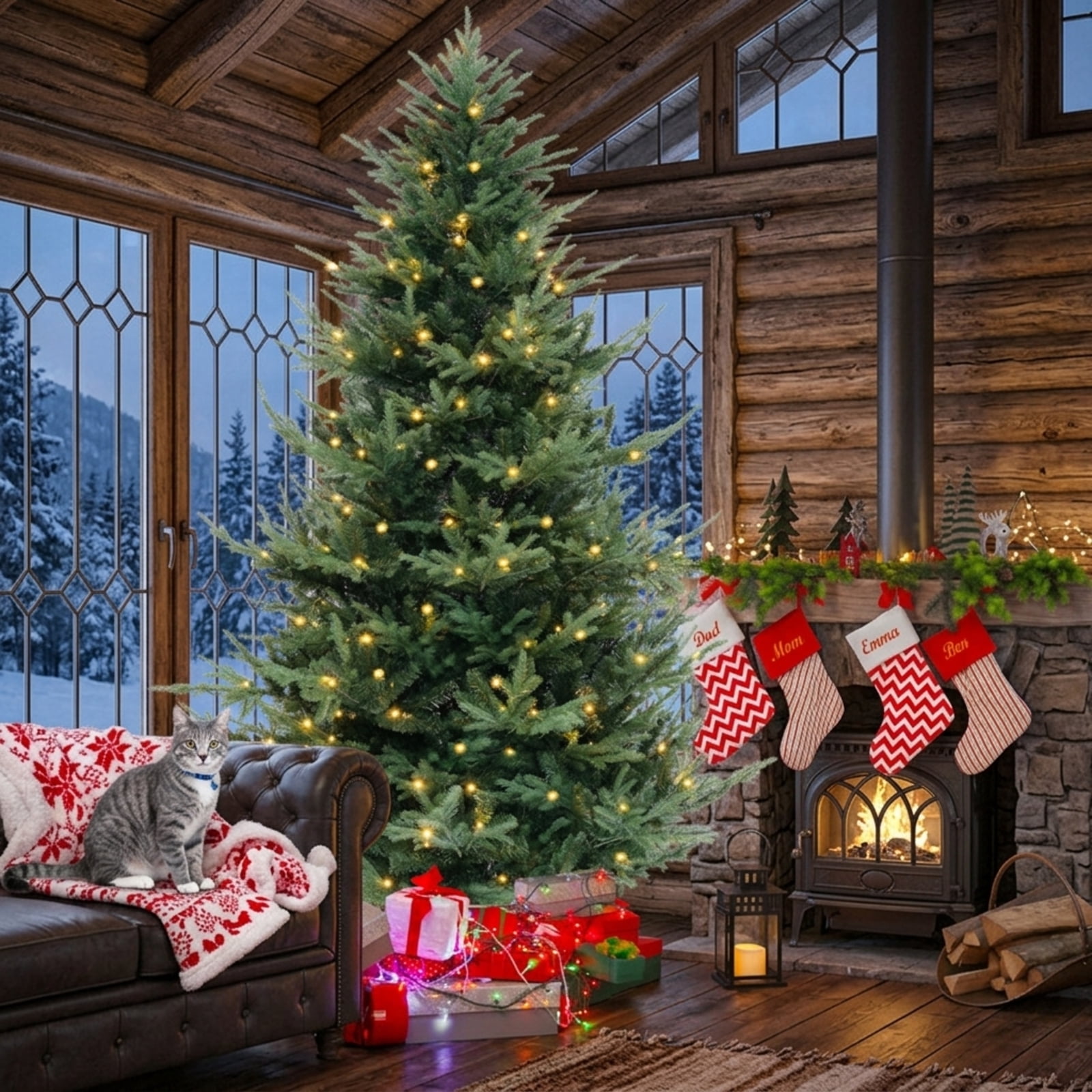 RUIE 8 ft Pre-Lit Christmas Tree, Tall Green Artificial Hinged Xmas Tree with 450 LED Lights, 1480 Branch Tips, Foldable Stand