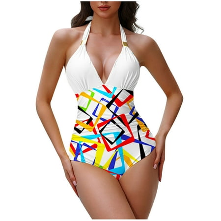 Virmaxy Women s Solid Color One-Piece With Bra Pads Without Steel Support Splicing Sexy Backless Strappy One-Piece Swimsuit For Pool Party Vacation White-3 L