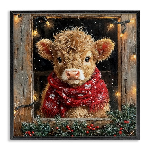 Stupell Industries Calf with Holly & Lights Garland Animals Painting Black Framed Art Print Wall Art, 12 x 12