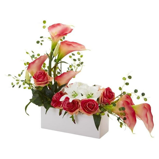 Nearly Natural 1639-PK Arrangement Artificiel Mixte Lis et Rose - Rose