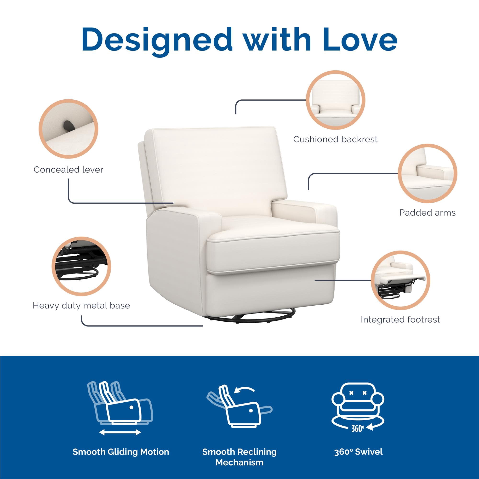 Baby Relax Rylan 4-in-1 Swivel Glider Rocker Recliner Chair, White