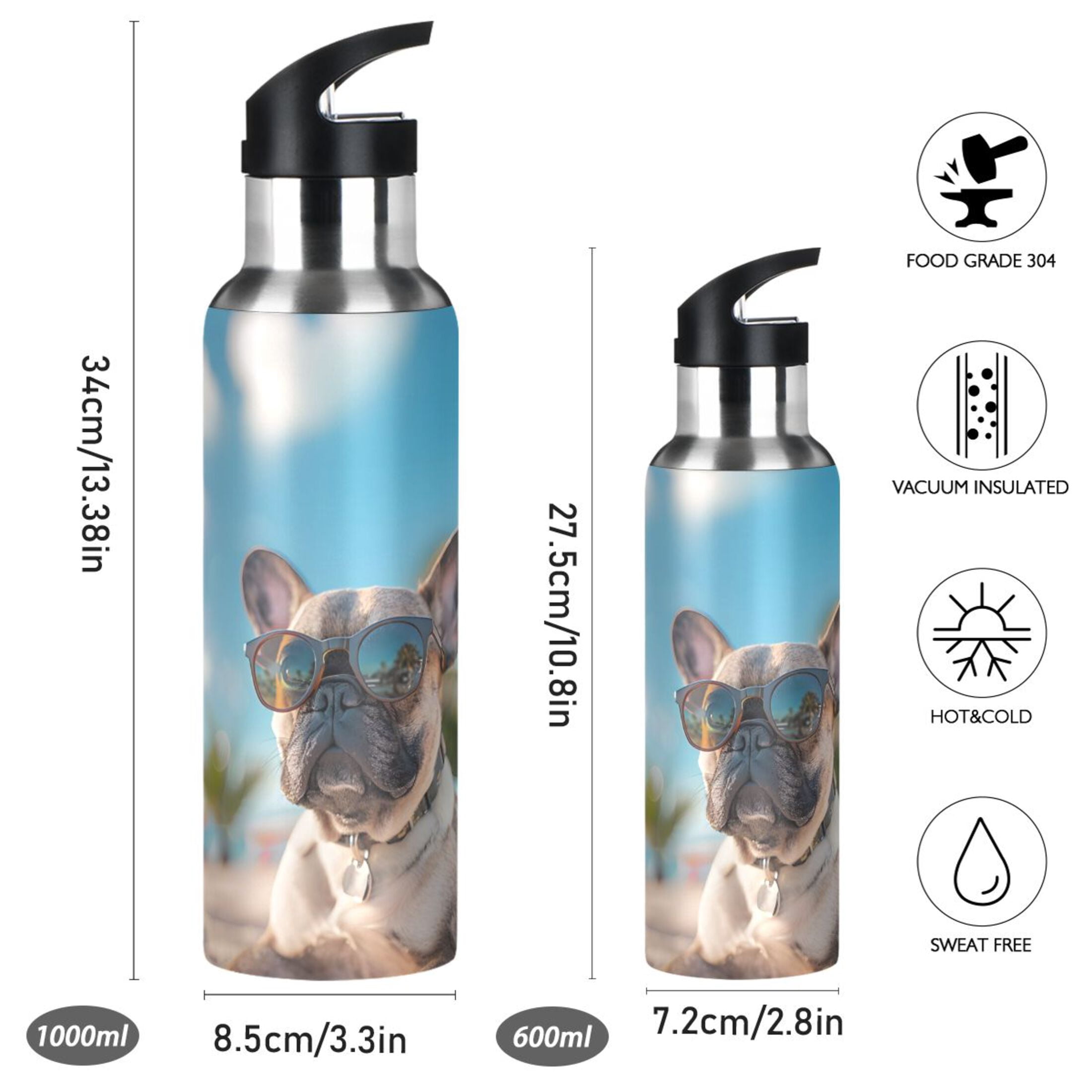 French Bulldog with Glasses Beach Sports Bottle with Straw Stainless Steel Water Jug Portable Thermal Cup Leak-proof 600ML