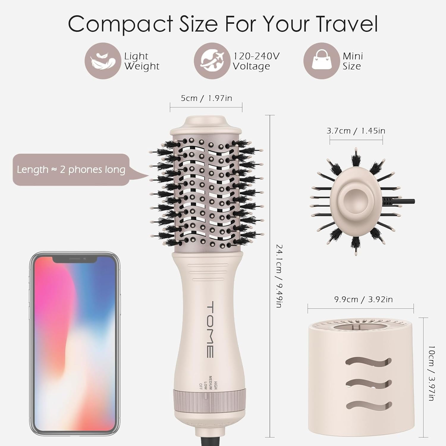 TOME Travel Hair Dryer Brush,Dual Voltage Mini Hot Air Brush 2 inch Volumizer,Pink
