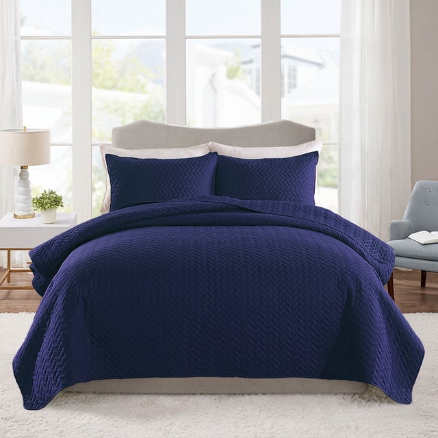 JML Quilt Set 3 Piece Microfiber Coverlet Shams Set, Soft Lightweight Queen, Navy Weave