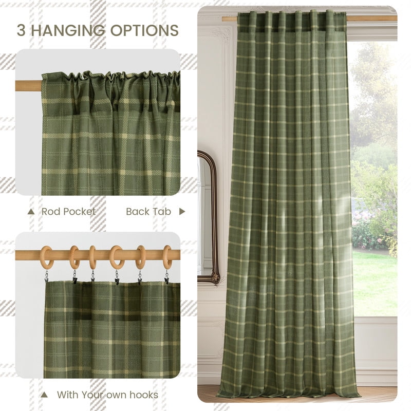 NICETOWN Green Linen Plaid Curtains for Living Room, Check Tartan Light Filtering Privacy Semi Sheer Linen Curtains Rod Pocket Back Tab Farmhouse Country Style Drapes, 52"x96", 1 Pair