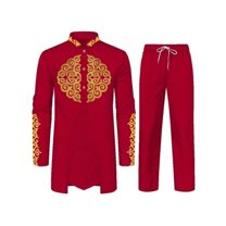 High Quality African Mens 2 Piece Set Long Sleeve Gold Embroidery Dashiki Shirt and Pants Outfit Traditional Suit WYN1913