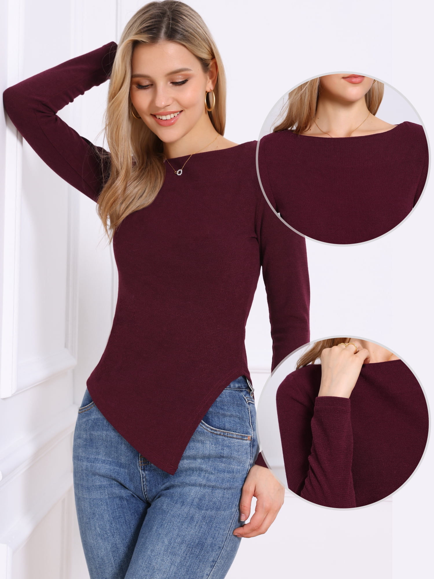 DARING DIVA Women's Spring High Low Stylish Boat Neck Pullover Sweaters XL Red