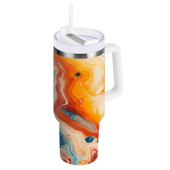 Red Blue Orange Marble Tumbler with Handle and Straw Lid 40 oz Insulated Vacuum Water Bottle Stainless Steel Travel Cup