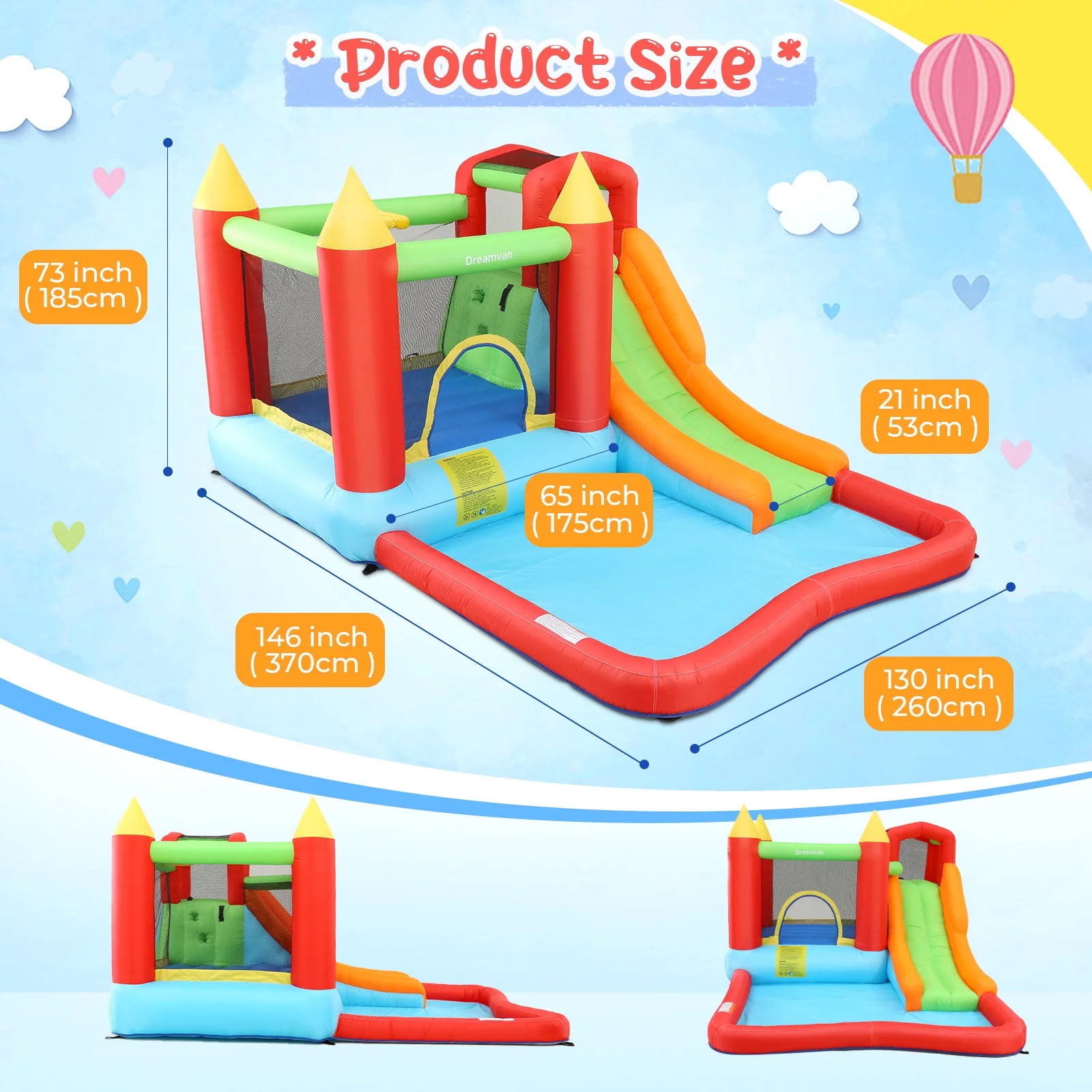 Veeboto Inflatable Bounce House with 370W Blower, Large Bouncy Castle with Slide & Bouncing Area, Climbing Wall, Jumping House for 3-10 Years Kids