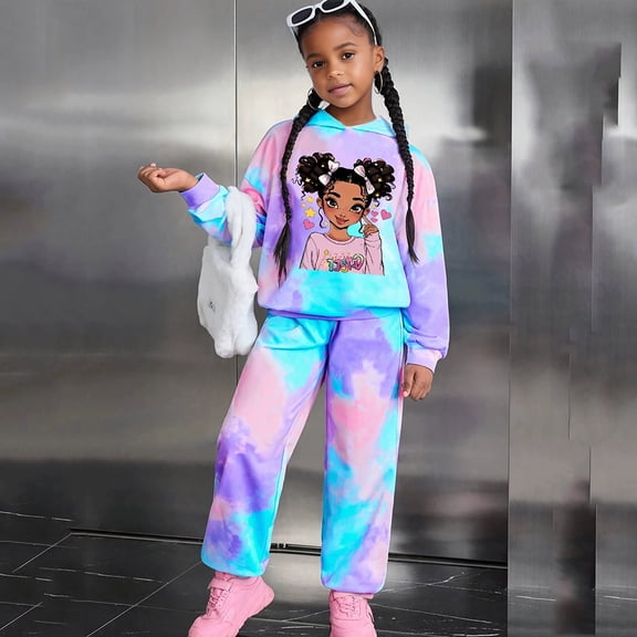 Trendfront Girls Rainbow Print Outfit Set Crew Neck Long Sleeve Shirt Summer 2 Piece Casual Trendy Fashion Pant Set for Girls 1-8 Years Style Clothes Set