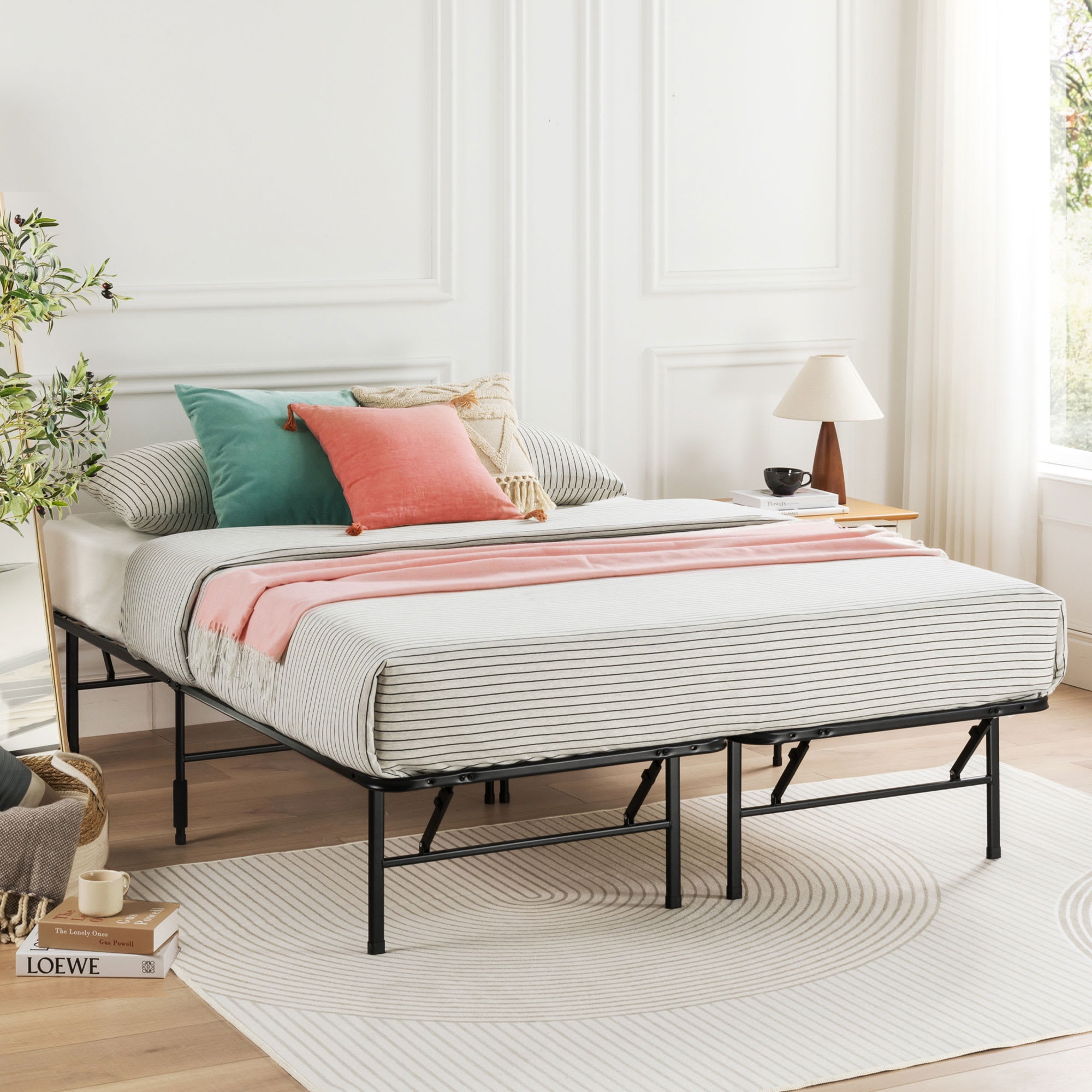 Mellow 14 Inch Quickbase Foldable Metal Platform Bed Frame, Wood Slats, Black, Queen