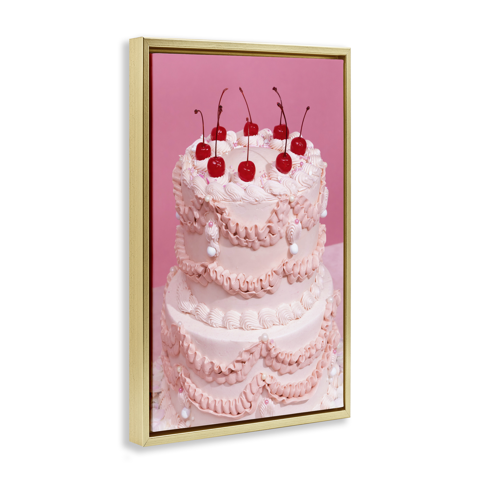 Stupell Industries Pink Cherries Cake Food & Beverage Painting Gold Floater Framed Art Print Wall Art, 21 x 31