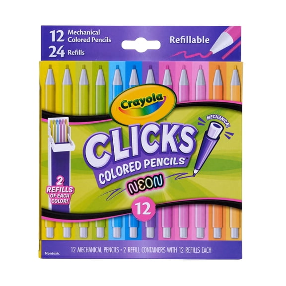 Crayola Clicks 2.0mm Mechanical Colored Pencil Set, 12 Neon Colors, Coloring Pencils for Kids, No Sharpen, 24 Replacement Cores, Ages 5