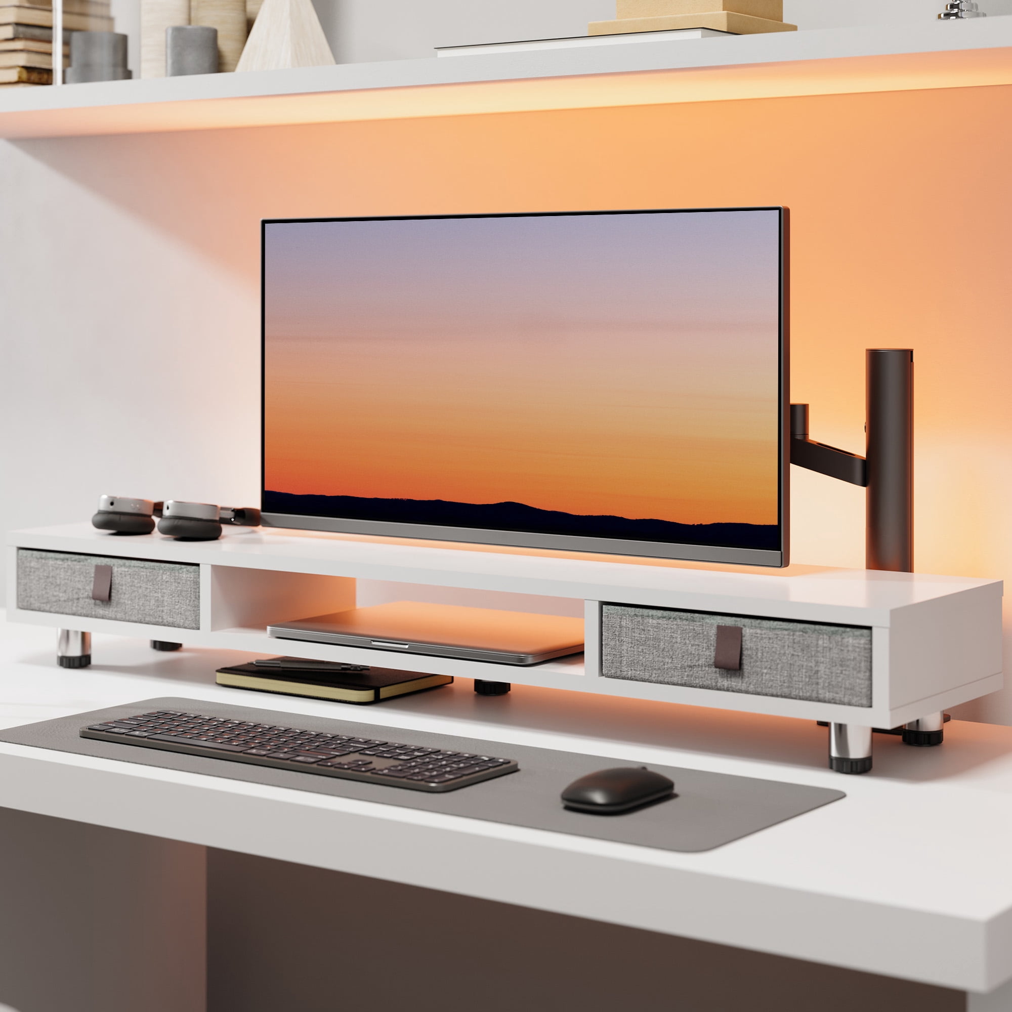 Fenge Monitor Stand, Dual Monitor Stand with 2 Drawers