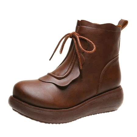 

TAIAOJING Women s Ankle Boots Retro Booties Round Toe Lace Up Shoes Comfortable Thick Solid Color Bottom Short Boots Zapatillas