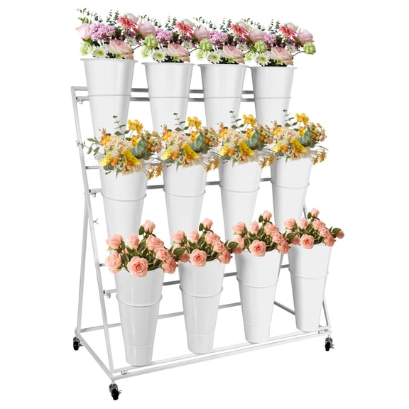 3 Layers Flower Display Shelf,Metal Florist Bouquet Shelf with 12 White Round Buckets,Moving Plant Stand with 4 Wheels,for Terrace Garden,Living Room,Florist Shop