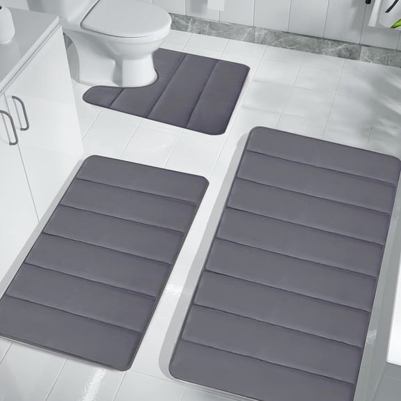 Fmxomd Set of 3 Absorbent Memory Foam Bath Mat Bathroom Rugs,Dark Grey, Large 16"x24", Small 16"x20", Contour 15"x17"