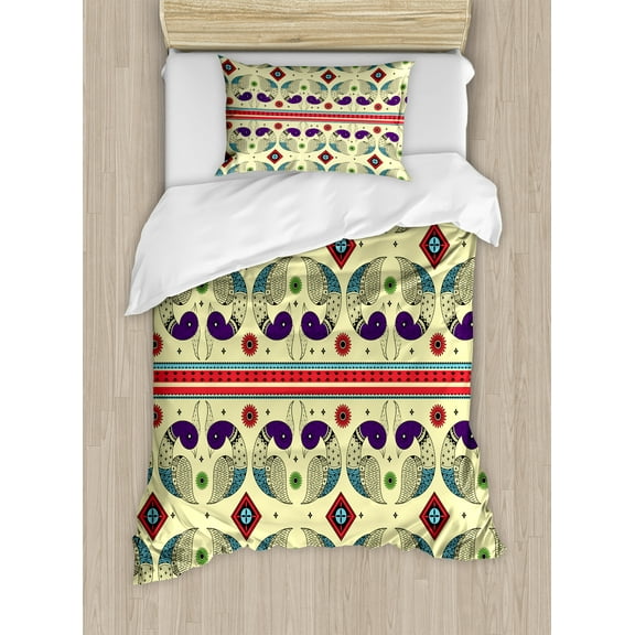 Ambesonne Tribal Duvet Cover Set, Peacock Pattern, Twin, Cream and Purple