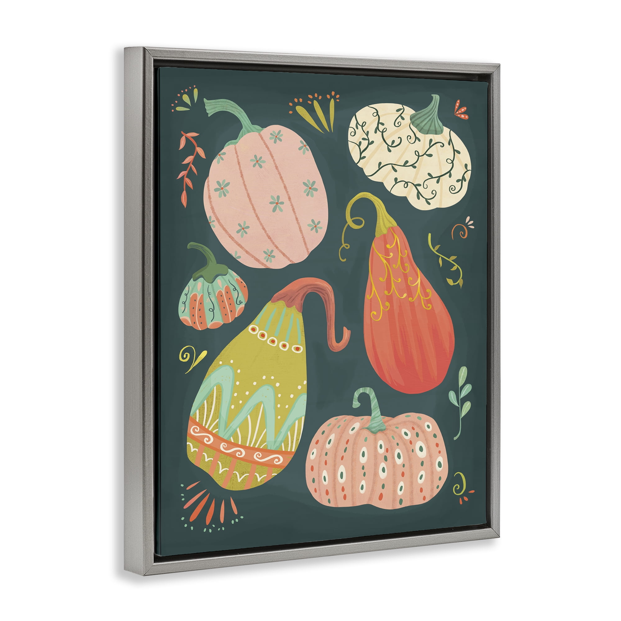 Stupell Industries Patterned Autumn Gourds Food & Beverage Painting Gray Floater Framed Canvas Art Print Wall Art, 17 x 21