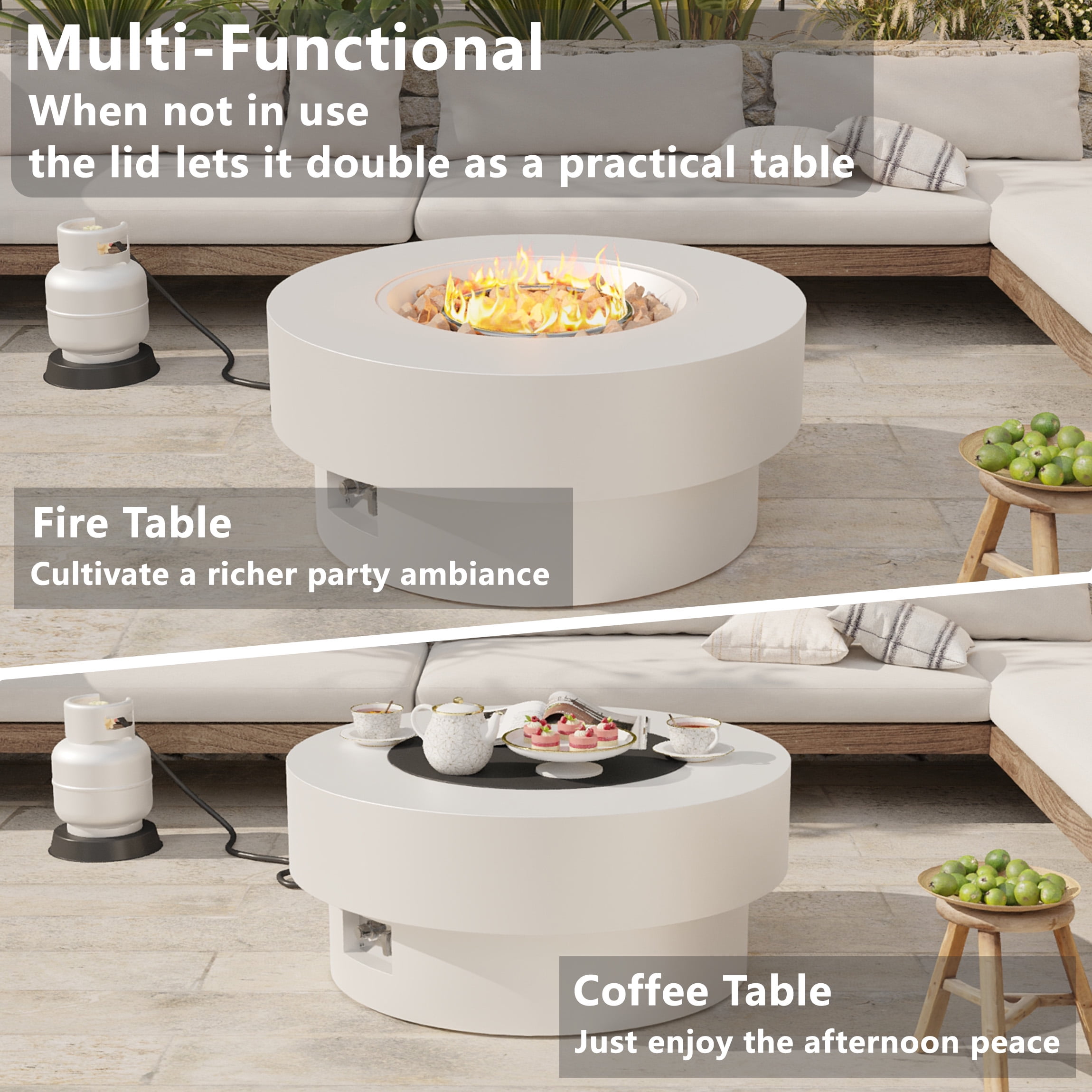 Wakeyard 32.5 inch Round Propane Fire Pit Table, 50000 BTU, Includes Lava Rock,White