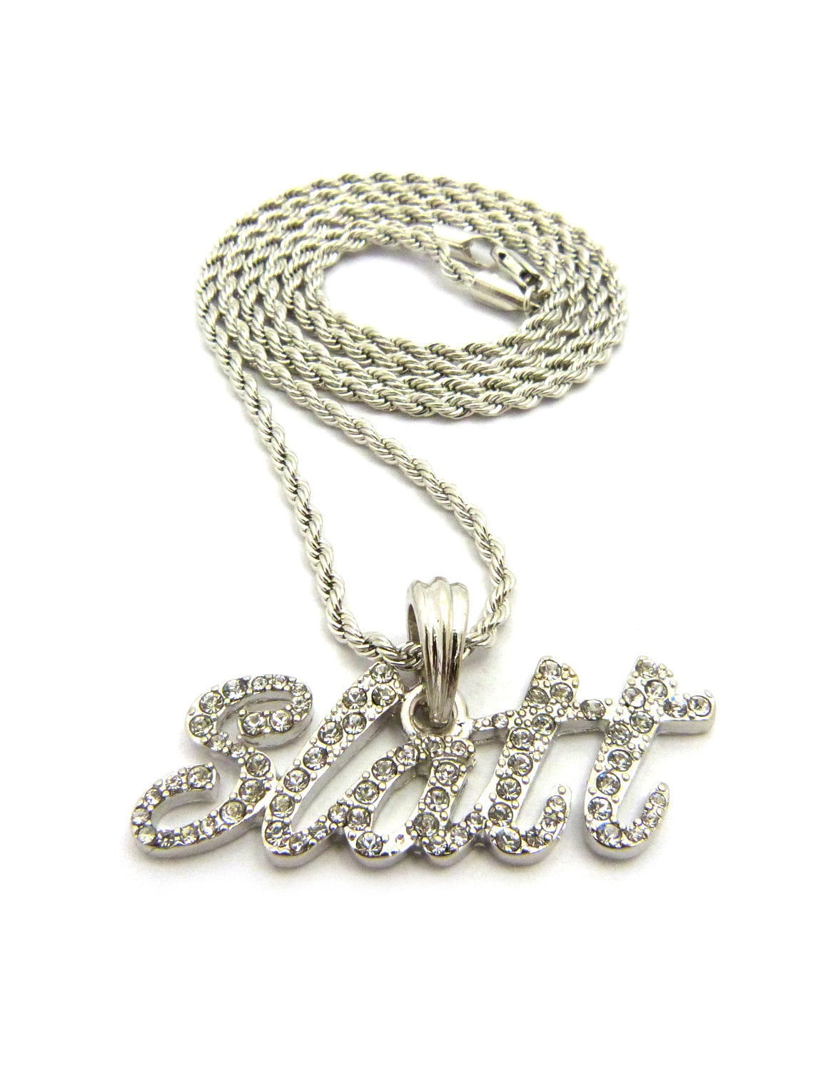 Stone Stud Slatt Phrase Pendant with Chain Necklace - Silver
