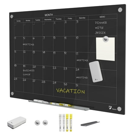 TOWON 47"x35" Large Calendar Whiteboard Glass Magnetic Dry Erase Board for Wall, Monthly Weekly Planner Office Blackboard Chalkboard w/ Markers, Magnets, Eraser, Tray