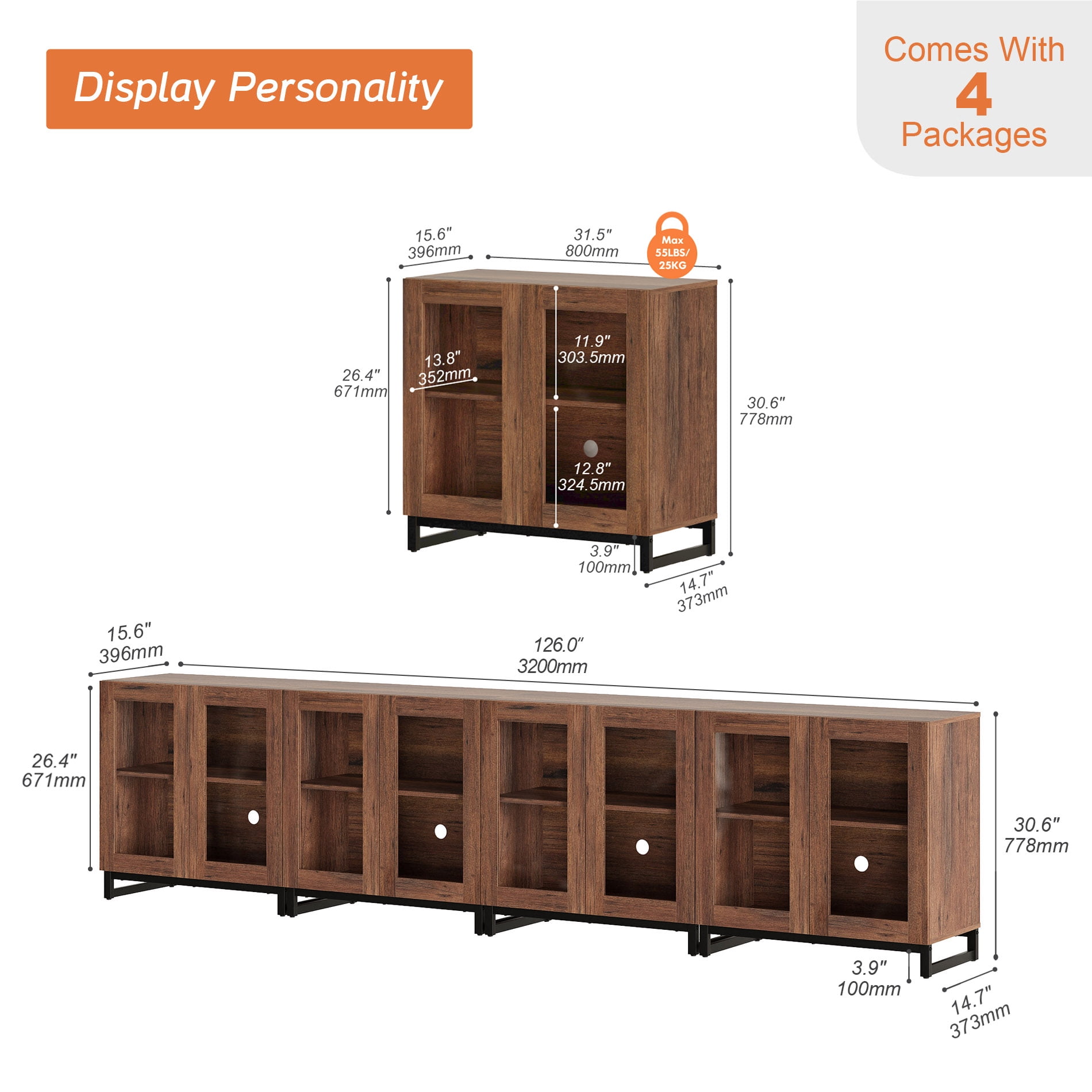 Modern Sideboard Buffet Cabinet with Glass Door & Drawer, Adjustable Shelf Credenza, Coffee Bar Storage Cabinet for Living Room & Kitchen,Brown
