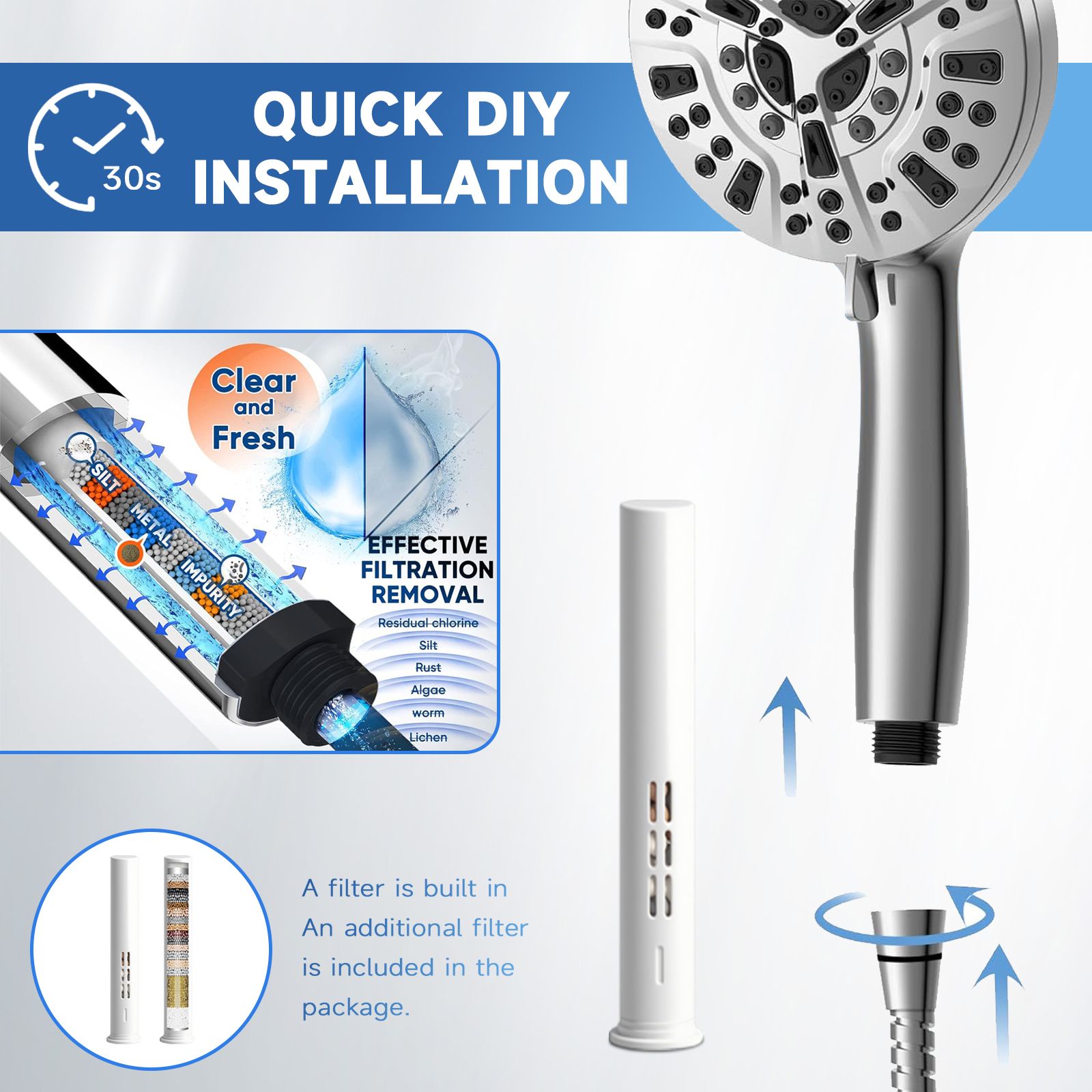 Aonhom Filtered Shower Head Combo, 10 Spray Modes, Chrome photo 8