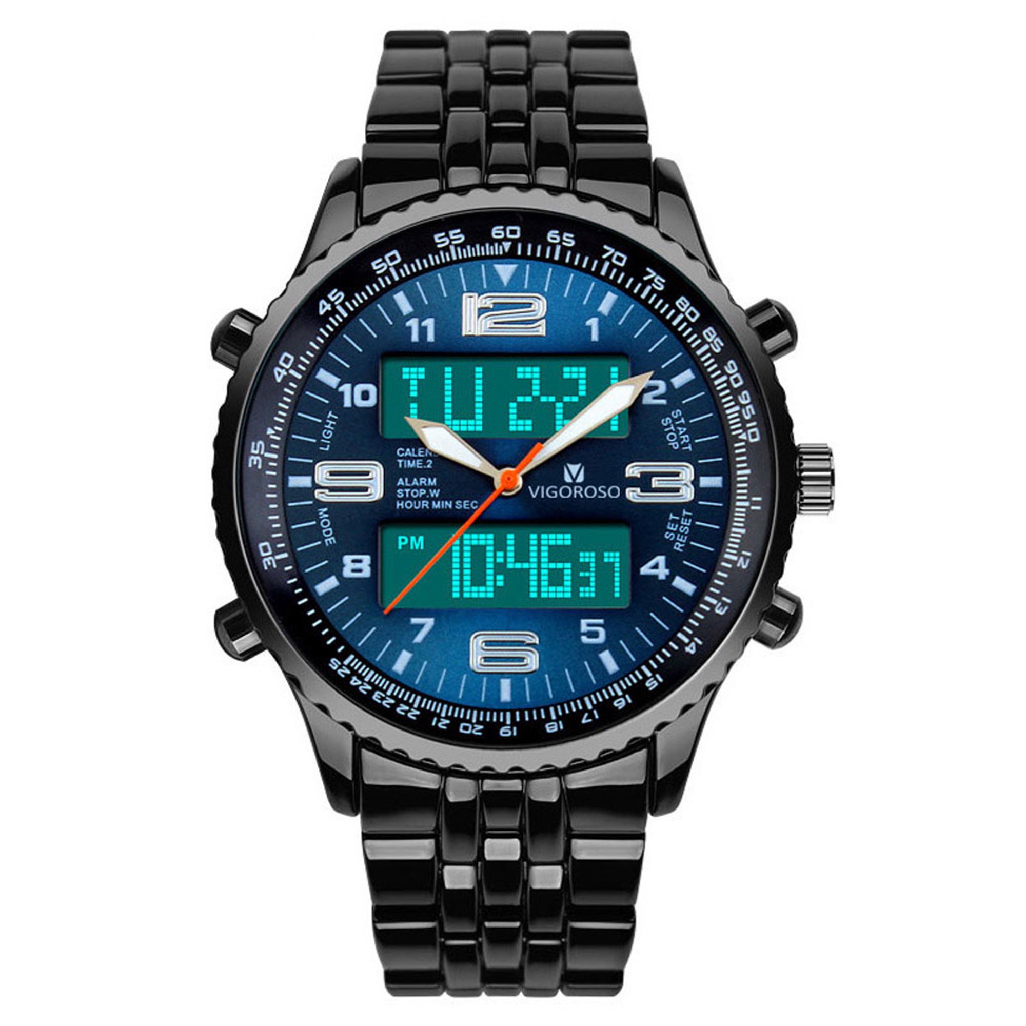 VIGOROSO Dual Analog Digital Display Watch Men Wristwatch LED Date Alarm Chronograph Stainless Steel Waterproof Mens Sports Watches
