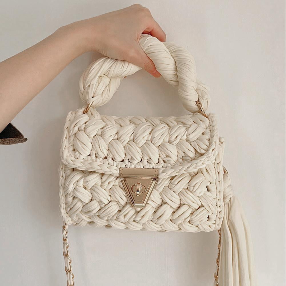Fashion Colorful Crochet Women Handbag Tassel Thick Rope Woven Shoulder Bags= C9O7
