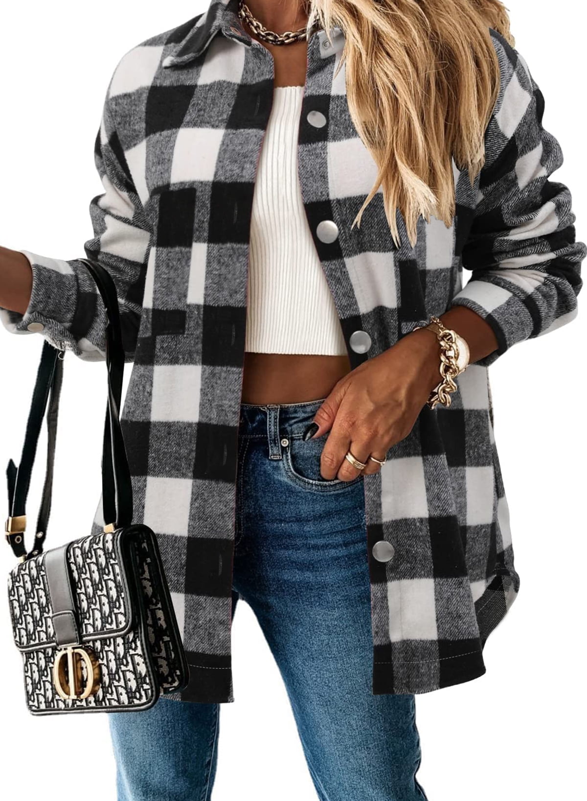 Chase Secret Women Plaid Flannel Lapel Shacket Jacket Casual Long ...