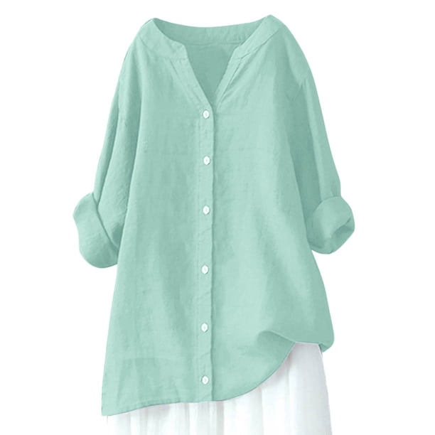 Blusa de manga larga con botones para mujer - Camisa informal lisa con cuello en V y corte holgado - Adecuada para el trabajo, citas o compras - Tallas S-XXXXXL, tejido de poliéster