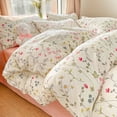 thumbnail image 2 of 3 Pieces Botanical Floral Beige Pink Flower Full Duvet Cover Vintage Style Soft Cotton Garden Floral Aesthetic Bedding Set, 2 of 7