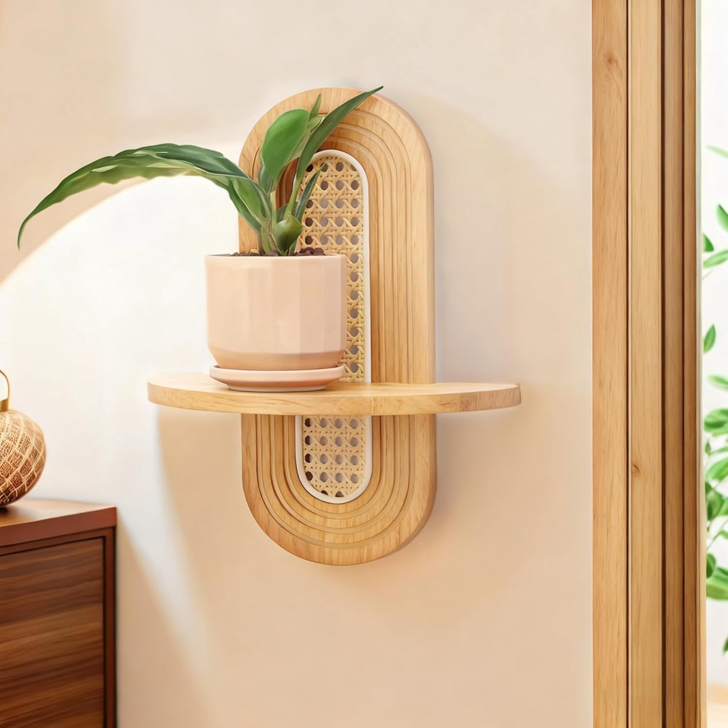 NOUGFVZP 1-Pack Floating Shelves for Wall, Boho Rattan Plant Shelf, Mid Century Small Decorative Shelf Wall-Mounted, Natural Wood Shelves for Living Room,Bedroom,Nursey Room (Matural)