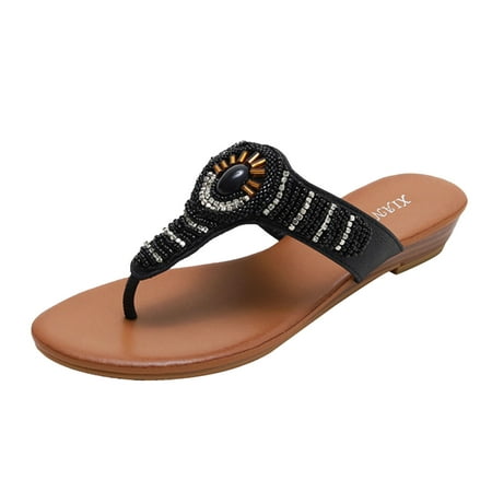 

ZIZOCWA Summer Women Wedges Flip Flops Fashion Outdoor Sandals Summer Boho Style Leather Beaded Slippers Beach Flip Flop for Ladies Black Size9
