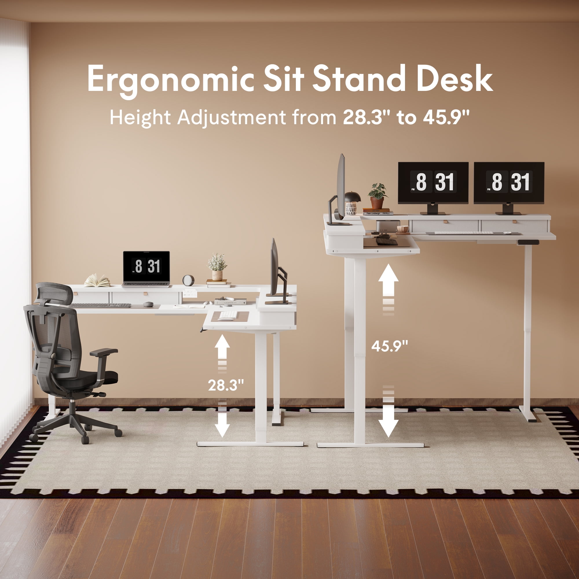 FitStand 63'' L Shaped Electric Standing Desk, Height Adjustable Electric Corner Standing Desk with Shelf and Drawers, White