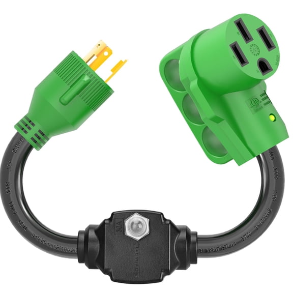 RVGUARD Overload Protector 30 Amp to 50 Amp RV Adapter Cord with Circuit Breaker, NEMA L5-30P to NEMA 14-50R Electrical Power Adapter with LED Power Indicator, 18 Inch, Green, ETL Listed