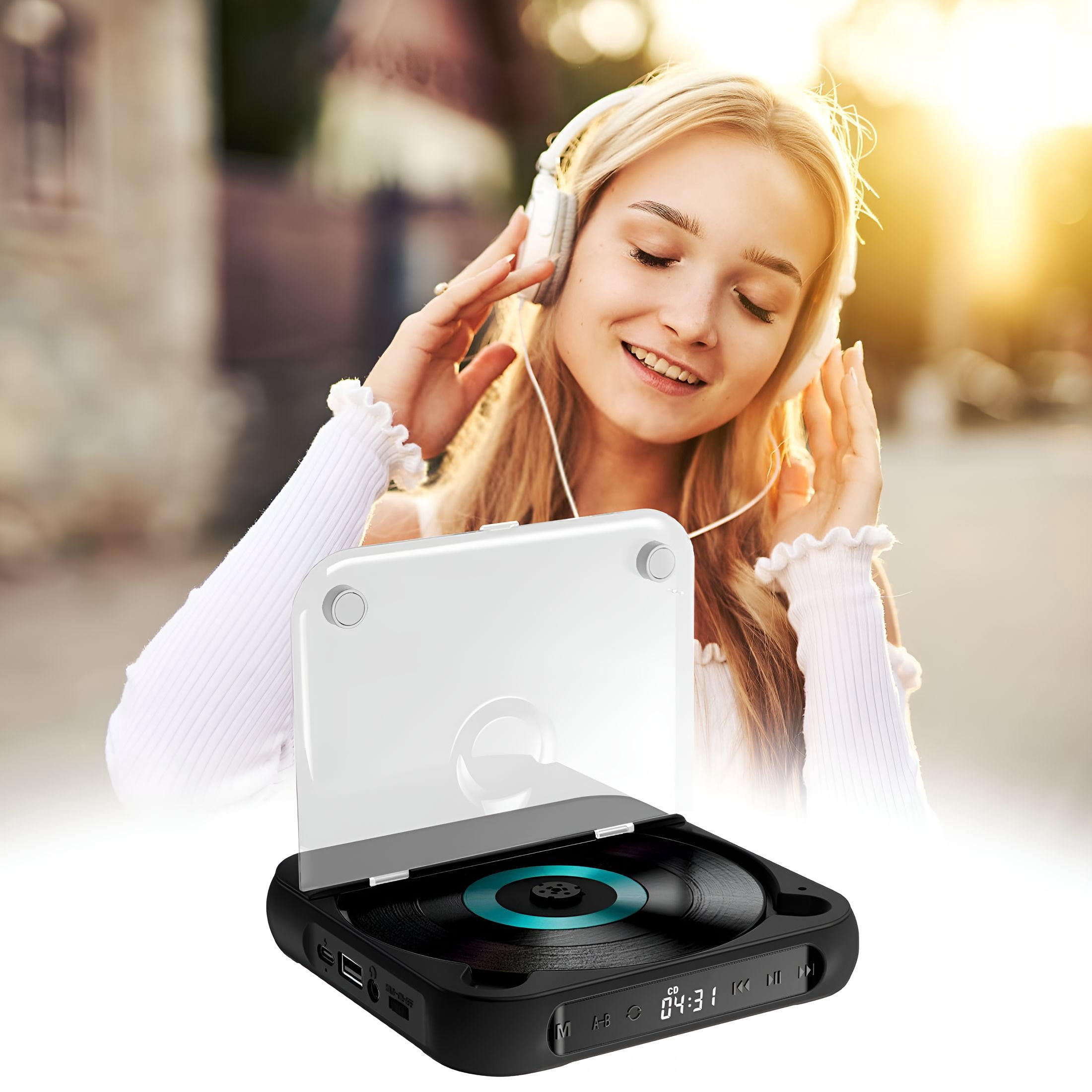 GJX CD Player for Car Portable CD Player with Bluetooth 5.1,Aux,USB,Rechargeable Battery,7-Hour Playback,Shock Protection,LCD Display,Supports CD/MP3,5.31X5.31X0.98 Inches