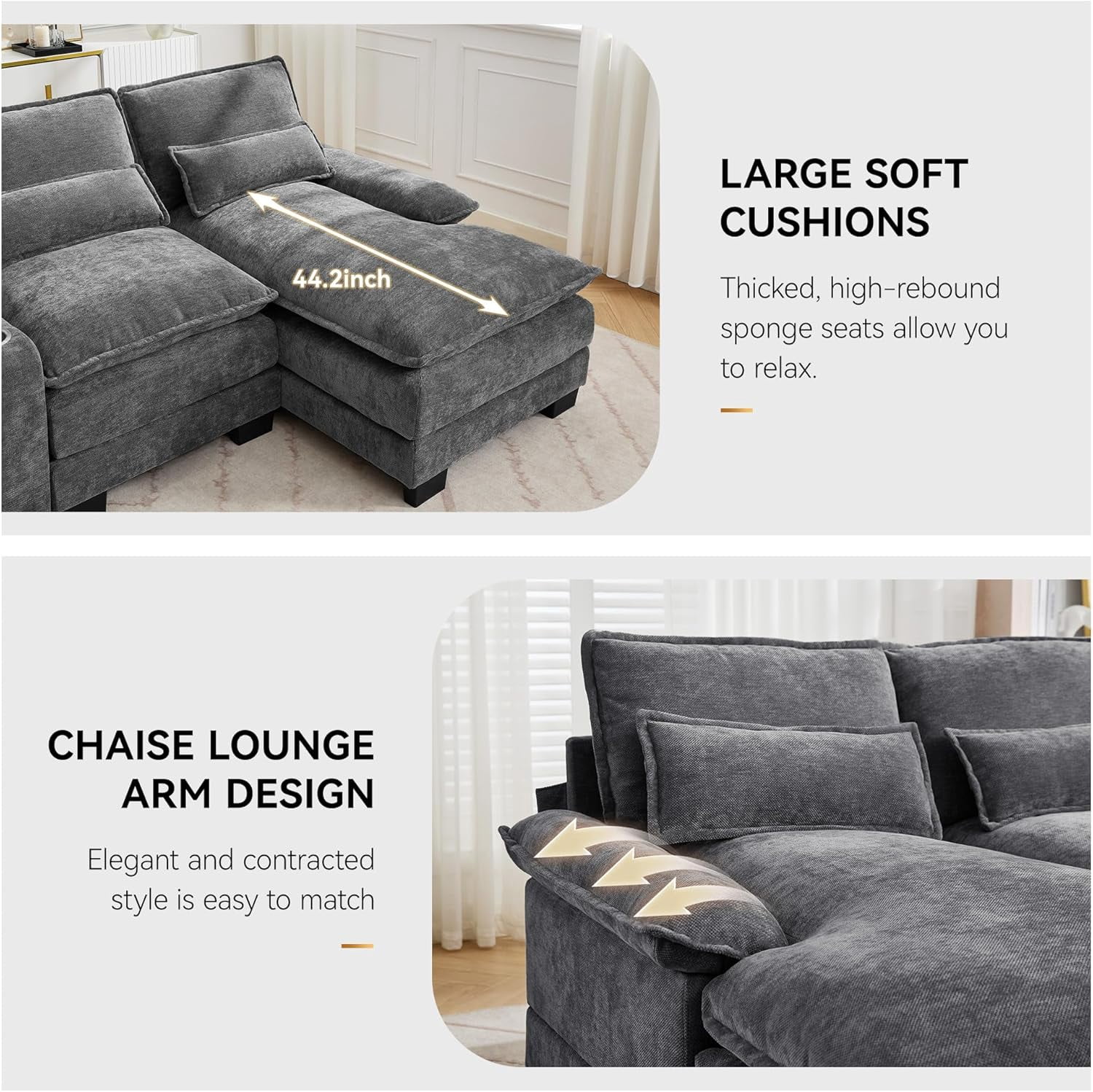 125'' U Shaped Cloud Modular Sectional Sofa with Chaise Lounges, Chenille Upholstered Comfy Couch with Storage Console, USB Charging Ports & Cup Holders, Modern Deep Seat Sofa for Living Room, Black