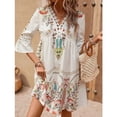 thumbnail image 2 of EASYBRAUS Women V Neck Lace Print Summer Dress Casual Floral Flare Sleeve Short Dress, 2 of 6