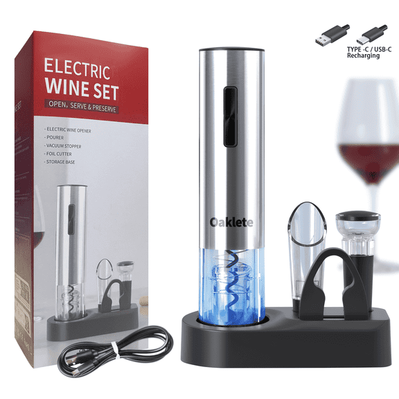 Electric Wine Opener Set 6-in-1 Electric Wine Bottle Openers with Automatic Corkscrew Wine Opener, Foil Cutter, Wine Aerator Pourer, Vacuum Wine Stopper