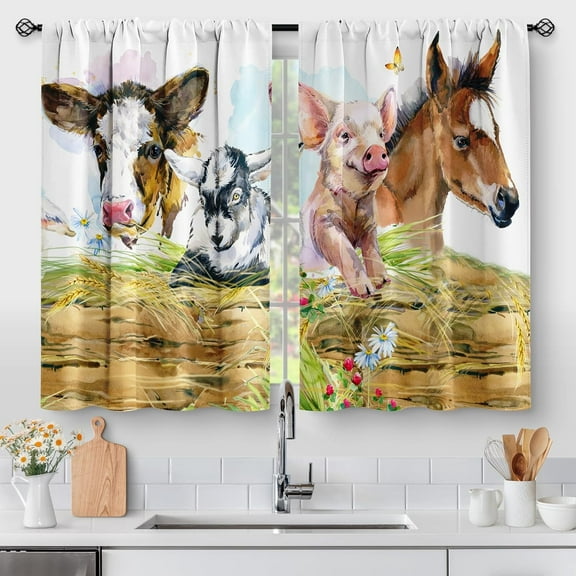 Country Farmhouse Kitchen Curtains - Cow Horse Pig Farms Short Cafe Small Short Window Curtains Over Sink for Bathroom Living Dining Room Rod Pocket Drapes 24 Inch Length 2 Panel 28"x24"