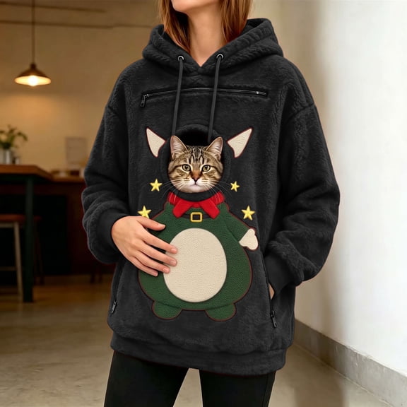 Puyaiuu Women Christmas Fuzzy Sherpa Hoodie Sweatshirt With Pet Cat Holder Hole Pocket Long Sleeve Warm Plush Pullover For Holiday Daily Wear Gift