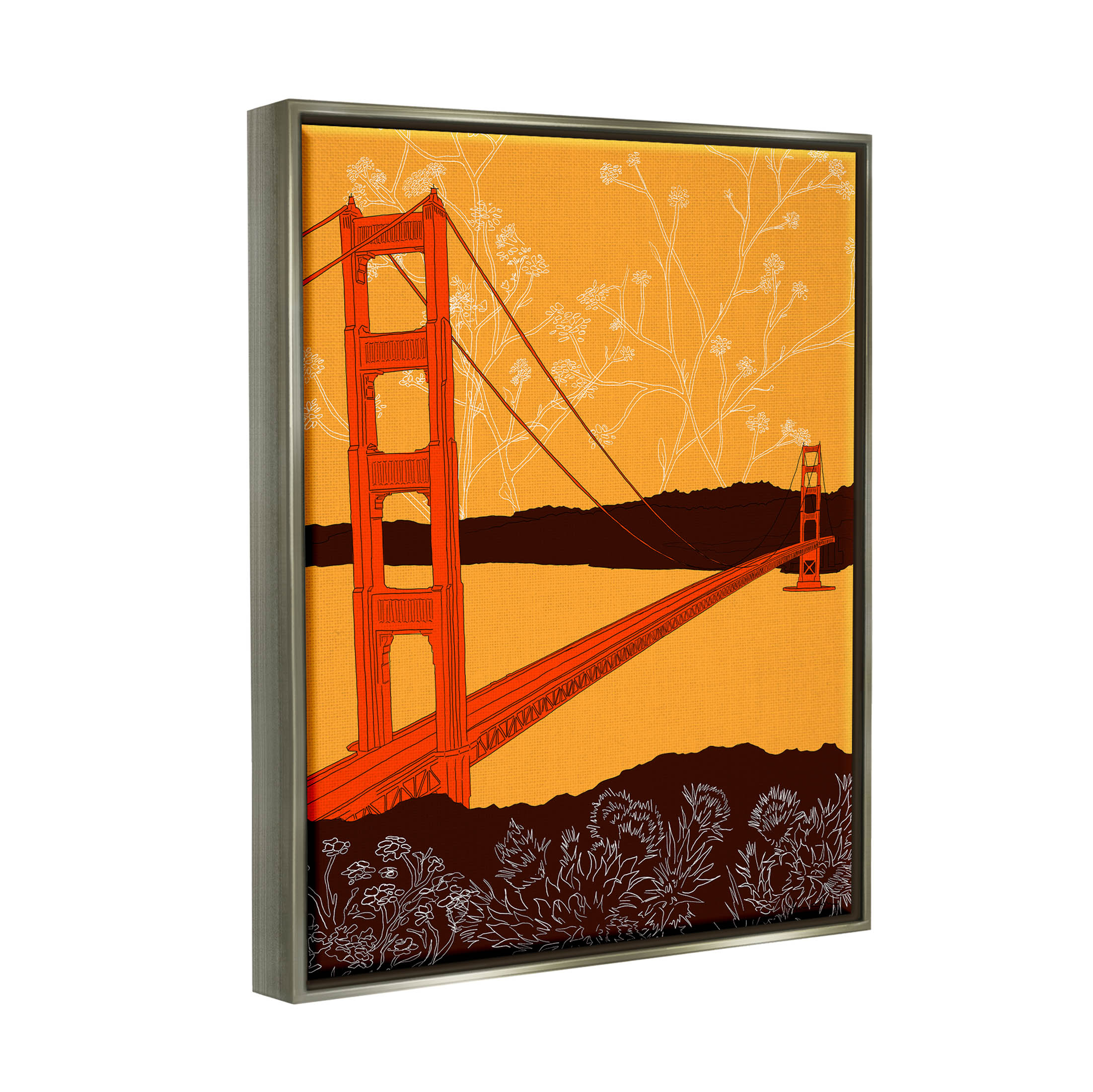 Stupell Industries Floral Pattern Water Bridge Graphic Art Luster Gray Floating Framed Canvas Print Wall Art, Design by Shane Donahue