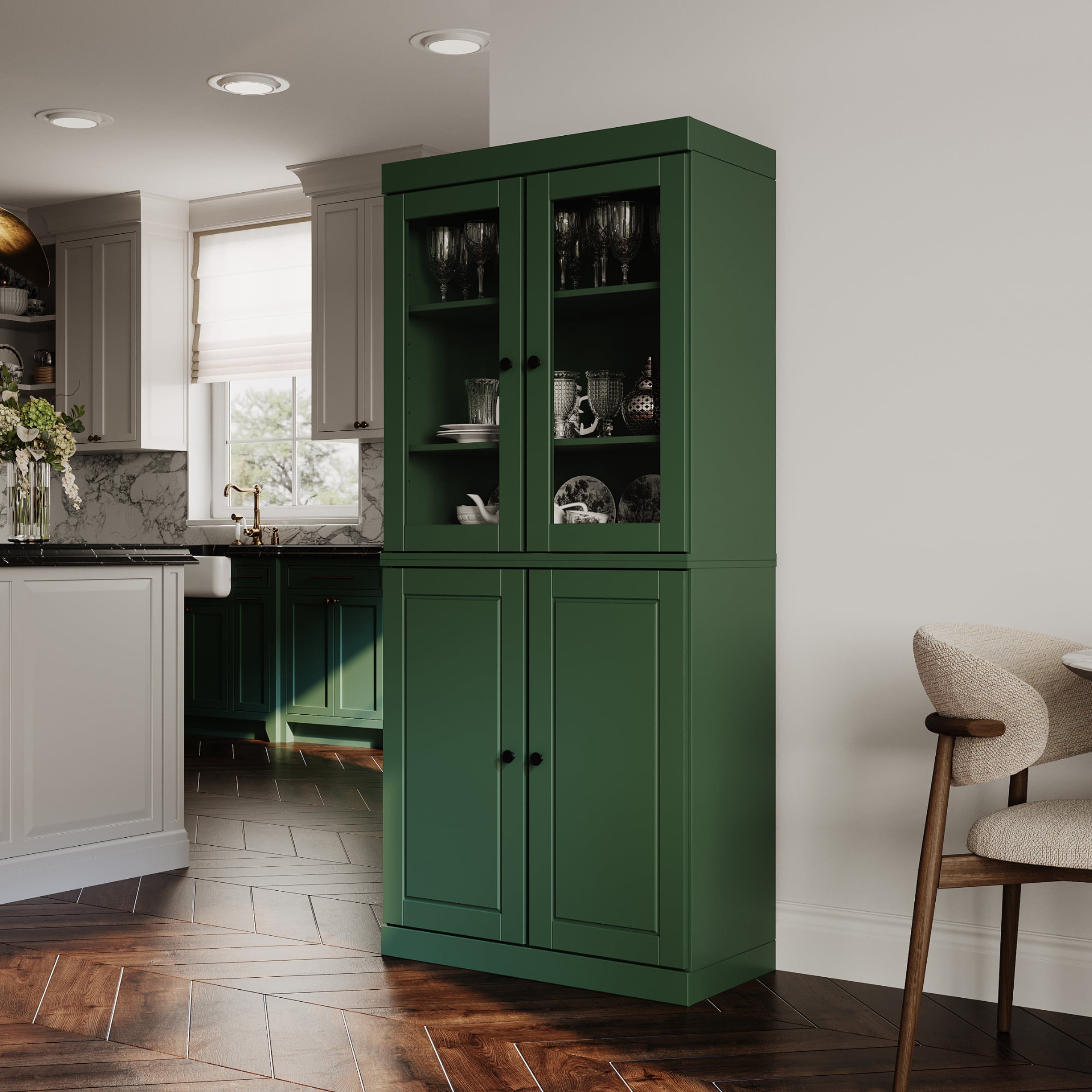 Palace Imports 100% Solid Wood Kitchen Pantry Storage Cabinet with Glass & Raised Panel Doors and Adjustable Shelves, 4-Door, Green