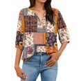 thumbnail image 6 of Women's Patchwork Floral Print 3/4 Sleeve Henley Top - V-Neck Button Tunic Blouse, Loose Fit Boho Casual Summer Shirt for Vacation, Beach, Daily Wear Multicolor S, 6 of 6